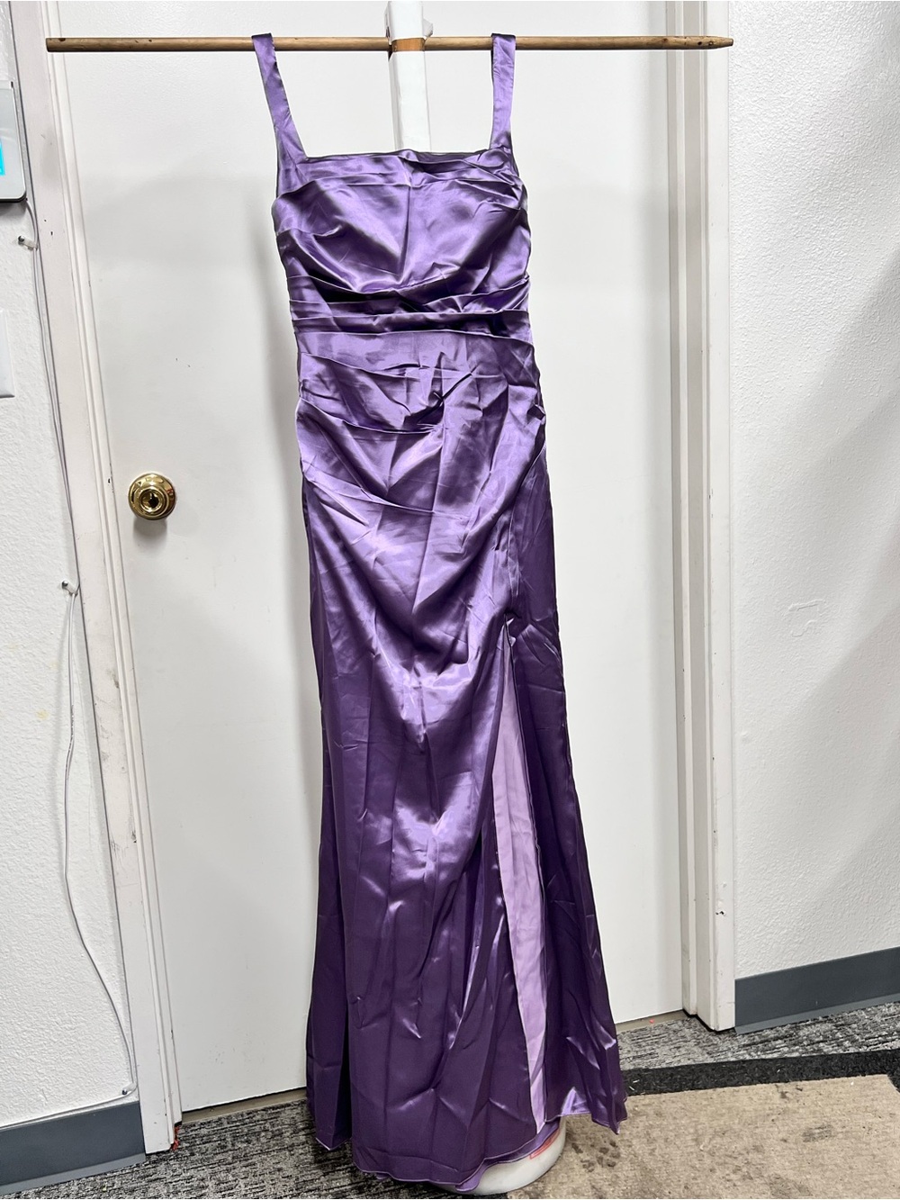 Sleeveless Purple Satin Prom Gown with Side Slit